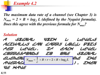 4.11
The maximum data rate of a channel (see Chapter 3) is
Nmax = 2 × B × log2 L (defined by the Nyquist formula).
Does this agree with the previous formula for Nmax?
Solution
A signal with L levels
actually can carry log2L bits
per level. If each level
corresponds to one signal
element and we assume the
average case (c = 1/2), then
we have
Example 4.2
 