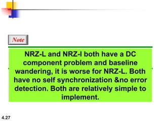 4.27
NRZ-L and NRZ-I both have a DC
component problem and baseline
wandering, it is worse for NRZ-L. Both
have no self synchronization &no error
detection. Both are relatively simple to
implement.
Note
 