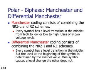 4.31
Polar - Biphase: Manchester and
Differential Manchester
 Manchester coding consists of combining the
NRZ-L and RZ schemes.
 Every symbol has a level transition in the middle:
from high to low or low to high. Uses only two
voltage levels.
 Differential Manchester coding consists of
combining the NRZ-I and RZ schemes.
 Every symbol has a level transition in the middle.
But the level at the beginning of the symbol is
determined by the symbol value. One symbol
causes a level change the other does not.
 