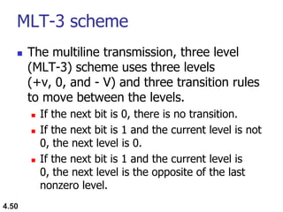 MLT-3 scheme
 The multiline transmission, three level
(MLT-3) scheme uses three levels
(+v, 0, and - V) and three transition rules
to move between the levels.
 If the next bit is 0, there is no transition.
 If the next bit is 1 and the current level is not
0, the next level is 0.
 If the next bit is 1 and the current level is
0, the next level is the opposite of the last
nonzero level.
4.50
 
