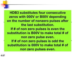 4.67
HDB3 substitutes four consecutive
zeros with 000V or B00V depending
on the number of nonzero pulses after
the last substitution.
If # of non zero pulses is even the
substitution is B00V to make total # of
non zero pulse even.
If # of non zero pulses is odd the
substitution is 000V to make total # of
non zero pulses even.
 