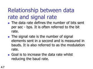4.7
Relationship between data
rate and signal rate
 The data rate defines the number of bits sent
per sec - bps. It is often referred to the bit
rate.
 The signal rate is the number of signal
elements sent in a second and is measured in
bauds. It is also referred to as the modulation
rate.
 Goal is to increase the data rate whilst
reducing the baud rate.
 