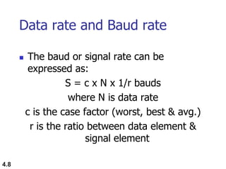 4.8
Data rate and Baud rate
 The baud or signal rate can be
expressed as:
S = c x N x 1/r bauds
where N is data rate
c is the case factor (worst, best & avg.)
r is the ratio between data element &
signal element
 