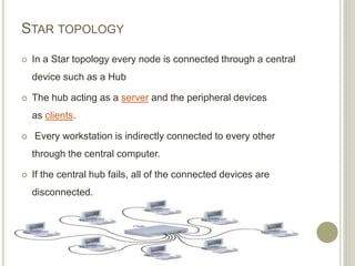 STAR TOPOLOGY
 In a Star topology every node is connected through a central
device such as a Hub
 The hub acting as a server and the peripheral devices
as clients.
 Every workstation is indirectly connected to every other
through the central computer.
 If the central hub fails, all of the connected devices are
disconnected.
 