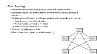 • Mesh Topology
• Every device has dedicated point to point link to every other
• Dedicated means link carries traffic only between the two devices it
connects.
• Find the physical links in a fully connected mesh networks with n nodes
• Node 1 must connected to n-1 nodes
• Node 2 must be connected to n-1 nodes
• Node n must be connected to n-1 nodes
• We need n(n-1) physical links.
• If both directions duplex mode than n(n-1)/2
 
