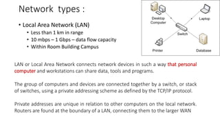 Network types :
• Local Area Network (LAN)
• Less than 1 km in range
• 10 mbps – 1 Gbps – data flow capacity
• Within Room Building Campus
LAN or Local Area Network connects network devices in such a way that personal
computer and workstations can share data, tools and programs.
The group of computers and devices are connected together by a switch, or stack
of switches, using a private addressing scheme as defined by the TCP/IP protocol.
Private addresses are unique in relation to other computers on the local network.
Routers are found at the boundary of a LAN, connecting them to the larger WAN
 