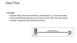 Data Flow
• Simplex
• Simplex mode, the communication is unidirectional , as a one-way street.
• Only one of the two devices on a link can transmit; other can only receive
• Example : keywords and traditional monitors
 