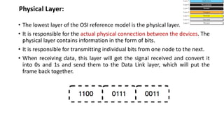 Physical Layer:
• The lowest layer of the OSI reference model is the physical layer.
• It is responsible for the actual physical connection between the devices. The
physical layer contains information in the form of bits.
• It is responsible for transmitting individual bits from one node to the next.
• When receiving data, this layer will get the signal received and convert it
into 0s and 1s and send them to the Data Link layer, which will put the
frame back together.
 