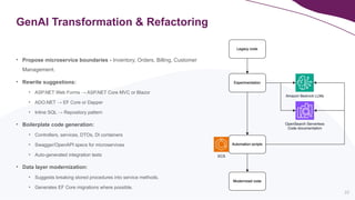 22
GenAI Transformation & Refactoring
• Propose microservice boundaries - Inventory, Orders, Billing, Customer
Management.
• Rewrite suggestions:
• ASP.NET Web Forms → ASP.NET Core MVC or Blazor
• ADO.NET → EF Core or Dapper
• Inline SQL → Repository pattern
• Boilerplate code generation:
• Controllers, services, DTOs, DI containers
• Swagger/OpenAPI specs for microservices
• Auto-generated integration tests
• Data layer modernization:
• Suggests breaking stored procedures into service methods.
• Generates EF Core migrations where possible.
 