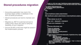28
Stored procedures migration
• Accounting application has most of its
business logics written in database in the
form of stored procedures
• Stored procedures are hard to maintain and
test
• Migration to .NET 8 is planned and we’ve
made a POC which aim was to verify the
feasibility of such migration
• Around 30-40% of the time might be saved in
the modernization process
 