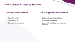 31
The Challenge of Legacy Systems
Traditional modernization
• Manual rewrites
• Re-architecture
• High risk, long timelines
GenAI supported modernization
• Code understanding at scale
• Automated refactoring
• Lower risk, less frustration, shorter
timelines
 