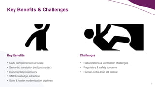 Key Benefits & Challenges
7
• Code comprehension at scale
• Semantic translation (not just syntax)
• Documentation recovery
• SME knowledge extraction
• Safer & faster modernization pipelines
Key Benefits
• Hallucinations & verification challenges
• Regulatory & safety concerns
• Human-in-the-loop still critical
Challenges
 