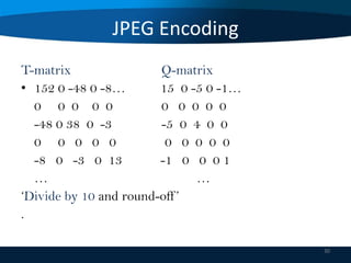 JPEG Encoding
T-matrix
Q-matrix
• 152 0 -48 0 -8…
15 0 -5 0 -1…
0 0 0 0 0
0 0 0 0 0
-48 0 38 0 -3
-5 0 4 0 0
0 0 0 0 0
0 0 0 0 0
-8 0 -3 0 13
-1 0 0 0 1
…
…
‘Divide by 10 and round-off ’
.
30

 