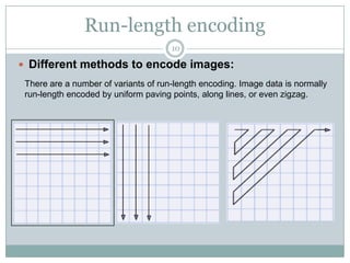 Run-length encoding
                                      10

 Different methods to encode images:
 There are a number of variants of run-length encoding. Image data is normally
 run-length encoded by uniform paving points, along lines, or even zigzag.
 