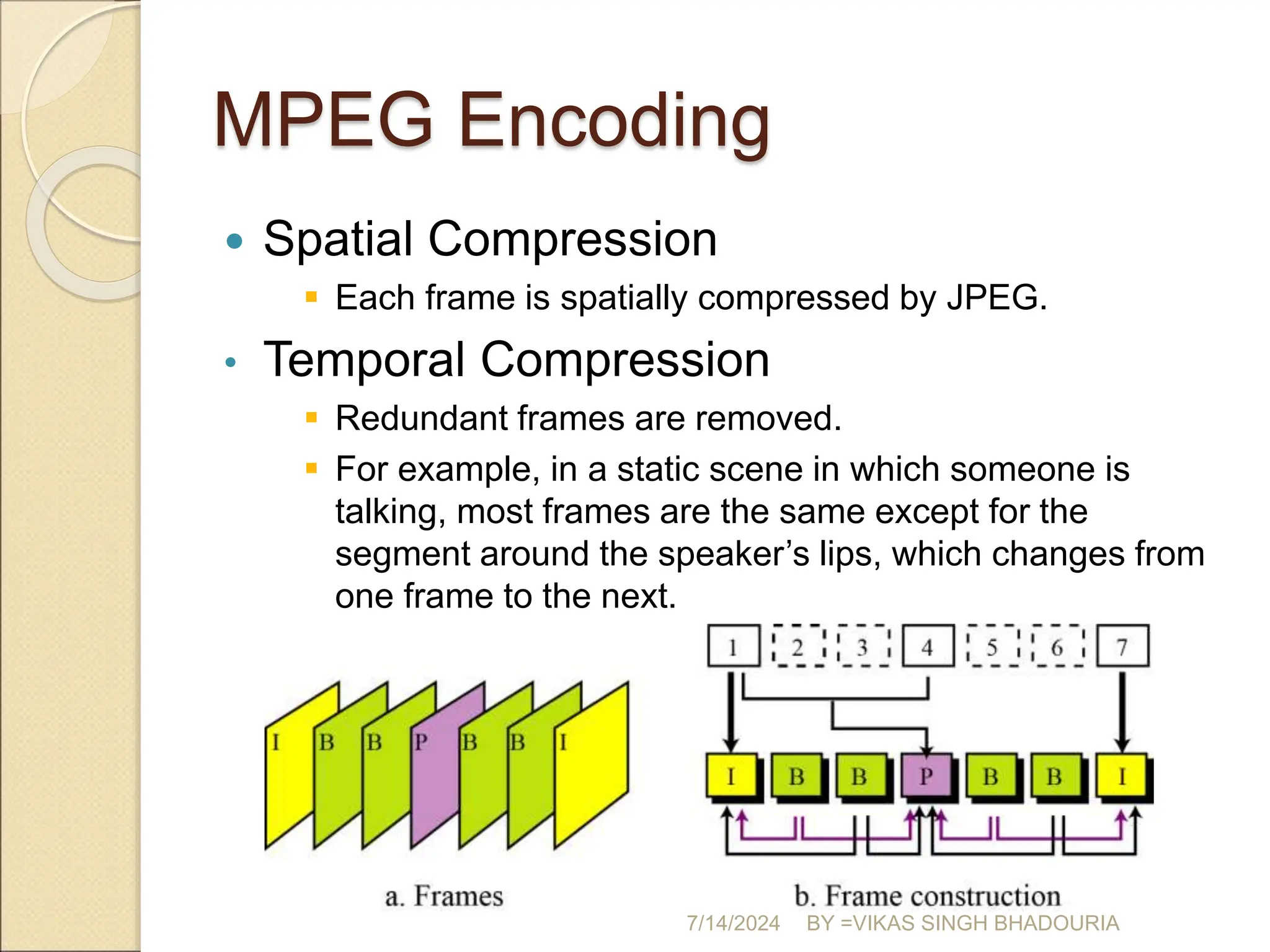 MPEG Encoding
 Spatial Compression
 Each frame is spatially compressed by JPEG.
• Temporal Compression
 Redundant frames are removed.
 For example, in a static scene in which someone is
talking, most frames are the same except for the
segment around the speaker’s lips, which changes from
one frame to the next.
7/14/2024 BY =VIKAS SINGH BHADOURIA
 