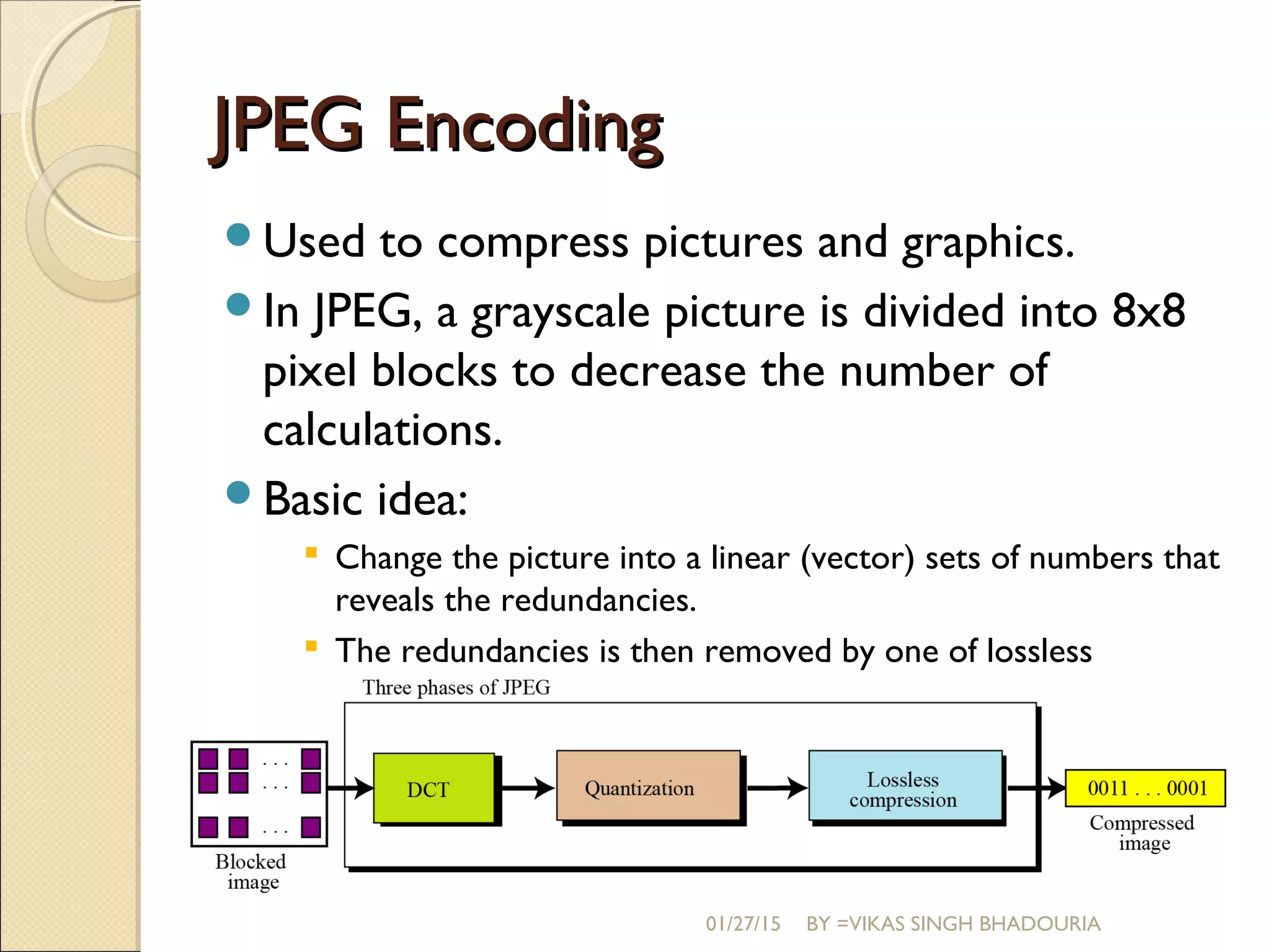 JPEG EncodingJPEG Encoding
Used to compress pictures and graphics.
In JPEG, a grayscale picture is divided into 8x8
pixel blocks to decrease the number of
calculations.
Basic idea:
 Change the picture into a linear (vector) sets of numbers that
reveals the redundancies.
 The redundancies is then removed by one of lossless
compression methods.
01/27/15 BY =VIKAS SINGH BHADOURIA
 