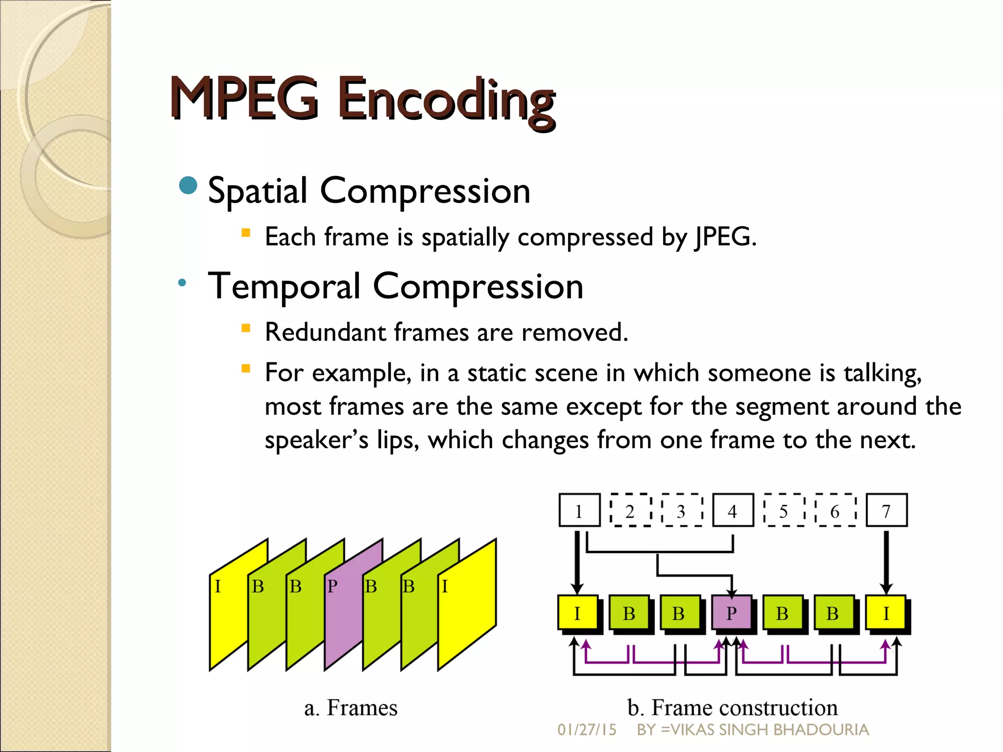 MPEG EncodingMPEG Encoding
Spatial Compression
 Each frame is spatially compressed by JPEG.
• Temporal Compression
 Redundant frames are removed.
 For example, in a static scene in which someone is talking,
most frames are the same except for the segment around the
speaker’s lips, which changes from one frame to the next.
01/27/15 BY =VIKAS SINGH BHADOURIA
 