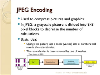 JPEG EncodingJPEG Encoding
Used to compress pictures and graphics.
In JPEG, a grayscale picture is divided into 8x8
pixel blocks to decrease the number of
calculations.
Basic idea:
 Change the picture into a linear (vector) sets of numbers that
reveals the redundancies.
 The redundancies is then removed by one of lossless
compression methods.
01/27/15 BY =VIKAS SINGH BHADOURIA
 