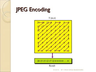 JPEG EncodingJPEG Encoding
01/27/15 BY =VIKAS SINGH BHADOURIA
 