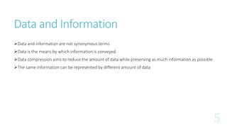 Data and Information
Data and information are not synonymous terms
Data is the means by which information is conveyed.
Data compression aims to reduce the amount of data while preserving as much information as possible.
The same information can be represented by different amount of data.
 