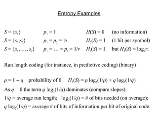 Entropy Examples S  = { s 1 } p 1  = 1 H ( S ) = 0 (no information) S  = { s 1 , s 2 } p 1  =  p 2  = ½  H 2 ( S ) = 1 (1 bit per symbol) S  = { s 1 , …,  s r } p 1  = … =  p r  = 1/ r H r ( S ) = 1 but  H 2 ( S ) = log 2 r . Run length coding (for instance, in predictive coding) (binary) p  = 1     q   probability of 0  H 2 ( S ) =  p  log 2 (1/ p ) +  q  log 2 (1/ q ) As  q     0 the term  q  log 2 (1/ q ) dominates (compare slopes). 1/ q  = average run length;  log 2 (1/ q ) = # of bits needed (on average); q  log 2 (1/ q ) = average # of bits of information per bit of original code. 