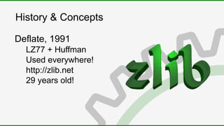 History & Concepts
Deflate, 1991
LZ77 + Huffman
Used everywhere!
http://zlib.net
29 years old!
 
