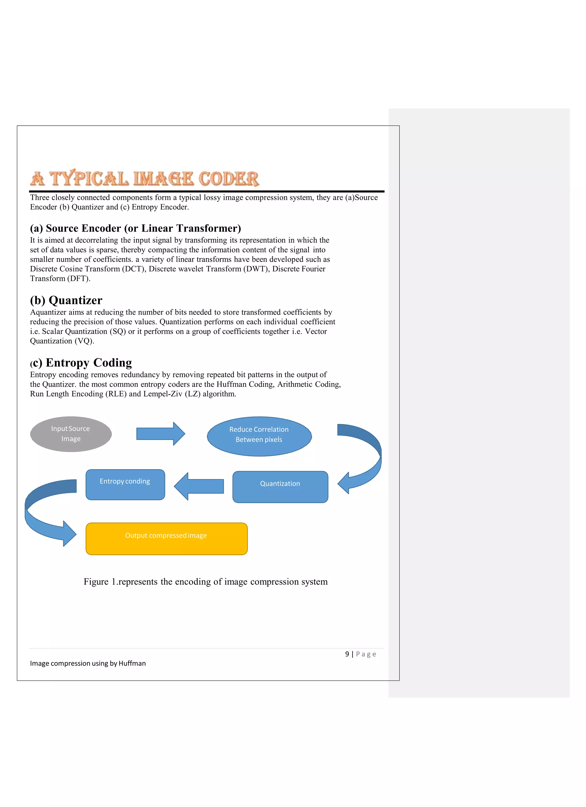 Three closely connected components form a typical lossy image compression system, they are (a)Source
Encoder (b) Quantizer and (c) Entropy Encoder.
(a) Source Encoder (or Linear Transformer)
It is aimed at decorrelating the input signal by transforming its representation in which the
set of data values is sparse, thereby compacting the information content of the signal into
smaller number of coefficients. a variety of linear transforms have been developed such as
Discrete Cosine Transform (DCT), Discrete wavelet Transform (DWT), Discrete Fourier
Transform (DFT).
(b) Quantizer
Aquantizer aims at reducing the number of bits needed to store transformed coefficients by
reducing the precision of those values. Quantization performs on each individual coefficient
i.e. Scalar Quantization (SQ) or it performs on a group of coefficients together i.e. Vector
Quantization (VQ).
(c) Entropy Coding
Entropy encoding removes redundancy by removing repeated bit patterns in the output of
the Quantizer. the most common entropy coders are the Huffman Coding, Arithmetic Coding,
Run Length Encoding (RLE) and Lempel-Ziv (LZ) algorithm.
Figure 1.represents the encoding of image compression system
InputSource
Image
Reduce Correlation
Between pixels
QuantizationEntropyconding
Output compressedimage
9 | P a g e
Image compression using by Huffman
 