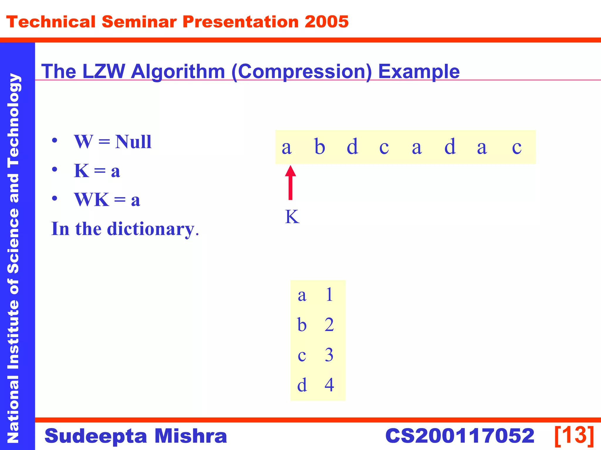 NationalInstituteofScienceandTechnology
[13]
Technical Seminar Presentation 2005
Sudeepta Mishra
NationalInstituteofScienceandTechnology
Sudeepta Mishra CS200117052
The LZW Algorithm (Compression) Example
• W = Null
• K = a
• WK = a
In the dictionary.
a b d c a d a c
a 1
b 2
c 3
d 4
K
 