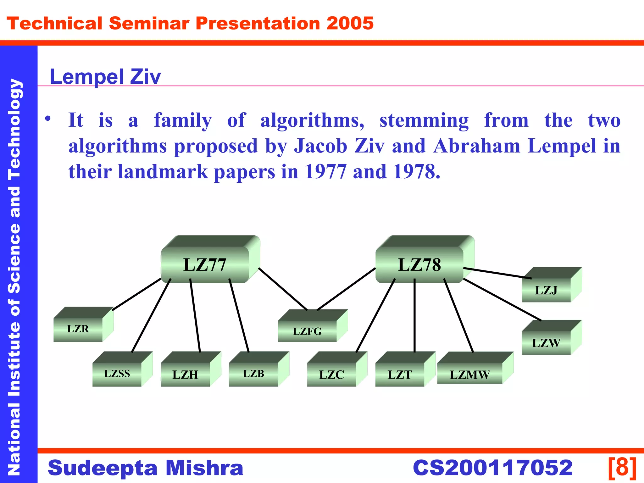 NationalInstituteofScienceandTechnology
[8]
Technical Seminar Presentation 2005
Sudeepta Mishra
NationalInstituteofScienceandTechnology
Sudeepta Mishra CS200117052
Lempel Ziv
• It is a family of algorithms, stemming from the two
algorithms proposed by Jacob Ziv and Abraham Lempel in
their landmark papers in 1977 and 1978.
LZ77 LZ78
LZR
LZHLZSS LZB
LZFG
LZC LZT LZMW
LZW
LZJ
 