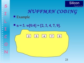 23
S
I
L
I
C
O
N
HUFFMAN CODING
 ExampleExample
 n = 5n = 5,, w[0:4] = [2, 5, 4, 7, 9].w[0:4] = [2, 5, 4, 7, 9].
92 5 4 7 9
 