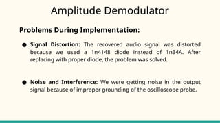 Amplitude Demodulator
Problems During Implementation:
● Signal Distortion: The recovered audio signal was distorted
because we used a 1n4148 diode instead of 1n34A. After
replacing with proper diode, the problem was solved.
● Noise and Interference: We were getting noise in the output
signal because of improper grounding of the oscilloscope probe.
 