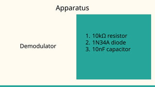 Demodulator
1. 10kΩ resistor
2. 1N34A diode
3. 10nF capacitor
Apparatus
 