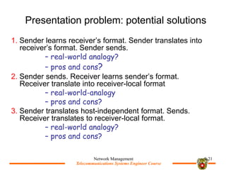 Telecommunications Systems Engineer Course
Telecommunications Systems Engineer Course
Presentation problem: potential solutions
1. Sender learns receivers format. Sender translates into
receivers format. Sender sends.
C real-world analogy?
C pros and cons?
2. Sender sends. Receiver learns senders format.
Receiver translate into receiver-local format
C real-world-analogy
C pros and cons?
3. Sender translates host-independent format. Sends.
Receiver translates to receiver-local format.
C real-world analogy?
C pros and cons?
Network Management 9-21
 