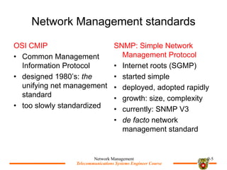 Telecommunications Systems Engineer Course
Telecommunications Systems Engineer Course
Network Management standards
OSI CMIP
? Common Management
Information Protocol
? designed 1980s: the
unifying net management
standard
? too slowly standardized
SNMP: Simple Network
Management Protocol
? Internet roots (SGMP)
? started simple
? deployed, adopted rapidly
? growth: size, complexity
? currently: SNMP V3
? de facto network
management standard
Network Management 9-5
 