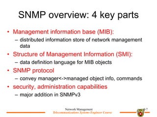 Telecommunications Systems Engineer Course
Telecommunications Systems Engineer Course
SNMP overview: 4 key parts
? Management information base (MIB):
C distributed information store of network management
data
? Structure of Management Information (SMI):
C data definition language for MIB objects
? SNMP protocol
C convey manager<->managed object info, commands
? security, administration capabilities
C major addition in SNMPv3
Network Management 9-7
 