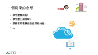 ⼀個房東的念想
16
• 那怎麼算錢呢?
• 那怎麼出細⽬呢?
• 那房客⽤電暴錶怎麼即時知道?
• ….
 