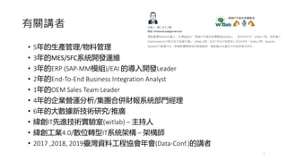 有關講者
• 5年的生產管理/物料管理
• 3年的MES/SFC系統開發運維
• 3年的ERP (SAP-MM模組)/EAI 的導入開發Leader
• 2年的End-To-End Business Integration Analyst
• 1年的OEM Sales Team Leader
• 4年的企業營運分析/集團合併財報系統部門經理
• 6年的大數據新技術研究/推廣
• 緯創IT先進技術實驗室(witlab) – 主持人
• 緯創工業4.0/數位轉型IT系統架構 – 架構師
• 2017 ,2018, 2019臺灣資料工程協會年會(Data-Conf.)的講者
2
 