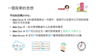 ⼀個房東的念想
5
平台的⽬標(1111)：
• One Cloud à IT的資源匯集在⼀朵雲中，資源可以在雲中以可控制與管
理的⽅式來流動
• One Stop à ⼀站式管理數據中⼼的資源和應⽤
• One Click à 租⼾可以⾃主式⼀鍵式取得資源（⽤多少, 付多少）
• One Minute à 從租⼾申請服務到租⼾獲得服務的時間低於1分鐘
 