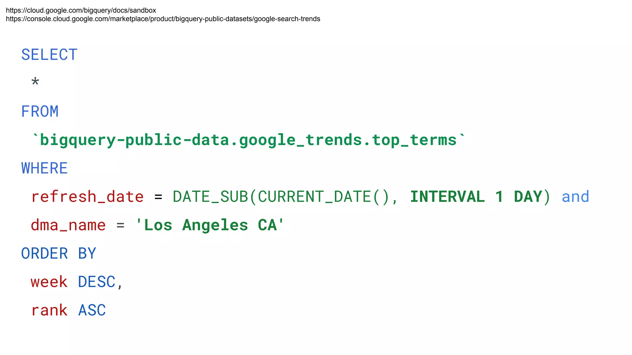 SELECT
*
FROM
`bigquery-public-data.google_trends.top_terms`
WHERE
refresh_date = DATE_SUB(CURRENT_DATE(), INTERVAL 1 DAY) and
dma_name = 'Los Angeles CA'
ORDER BY
week DESC,
rank ASC
https://cloud.google.com/bigquery/docs/sandbox
https://console.cloud.google.com/marketplace/product/bigquery-public-datasets/google-search-trends
 
