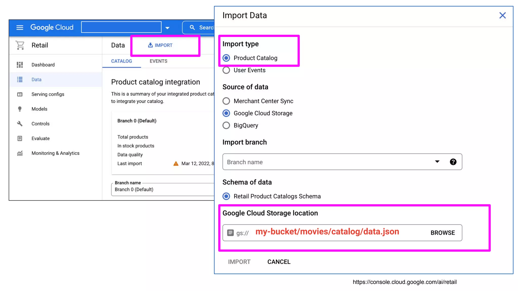 https://console.cloud.google.com/ai/retail
my-bucket/movies/catalog/data.json
 