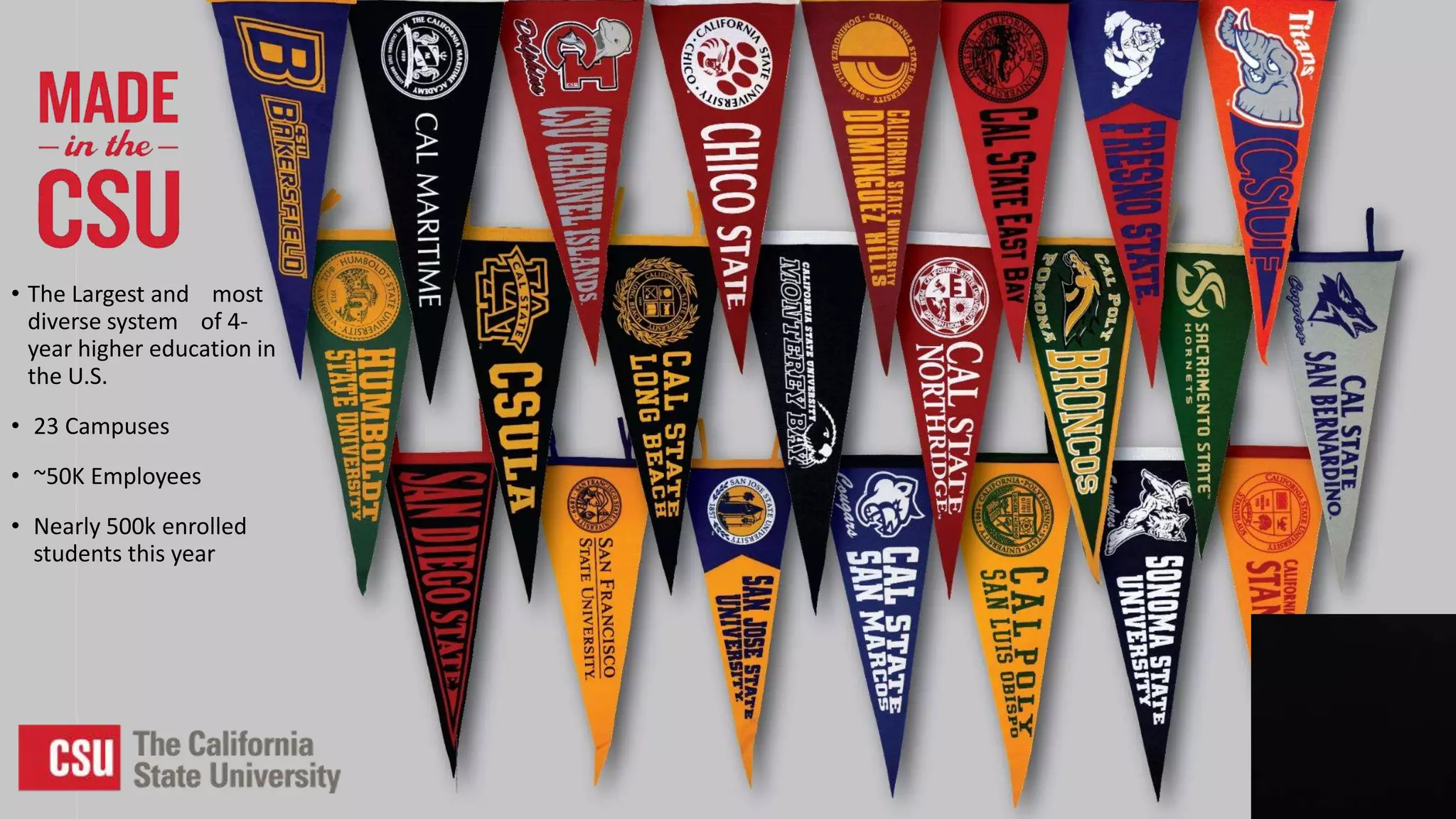 • The Largest and most diverse system of 4- year higher education in the U.S. • 23 Campuses • ~50K Employees • Nearly 500k enrolled students this year 