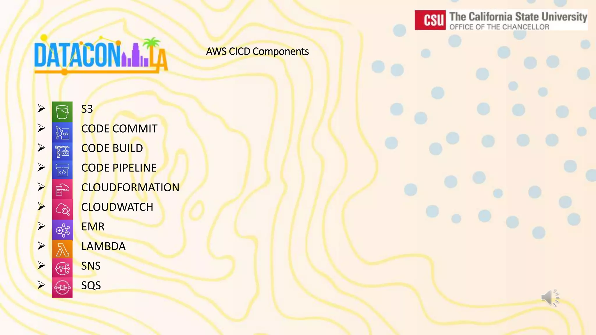 AWS CICD Components  S3  CODE COMMIT  CODE BUILD  CODE PIPELINE  CLOUDFORMATION  CLOUDWATCH  EMR  LAMBDA  SNS  SQS 