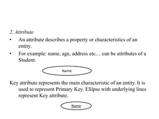 2. Attribute
• An attribute describes a property or characteristics of an
entity.
• For example: name, age, address etc… can be attributes of a
Student.
Key attribute represents the main characteristic of an entity. It is
used to represent Primary Key. Ellipse with underlying lines
represent Key attribute.
Name
Name
 