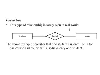 One to One:
• This type of relationship is rarely seen in real world.
1 1
The above example describes that one student can enroll only for
one course and course will also have only one Student.
Student Enroll course
 