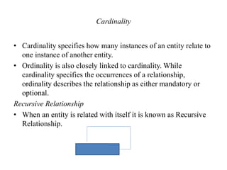 Cardinality
• Cardinality specifies how many instances of an entity relate to
one instance of another entity.
• Ordinality is also closely linked to cardinality. While
cardinality specifies the occurrences of a relationship,
ordinality describes the relationship as either mandatory or
optional.
Recursive Relationship
• When an entity is related with itself it is known as Recursive
Relationship.
 