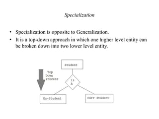 Specialization
• Specialization is opposite to Generalization.
• It is a top-down approach in which one higher level entity can
be broken down into two lower level entity.
 