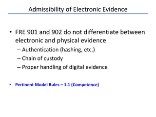 Admissibility of Electronic Evidence
• FRE 901 and 902 do not differentiate between
electronic and physical evidence
– Authentication (hashing, etc.)
– Chain of custody
– Proper handling of digital evidence
• Pertinent Model Rules – 1.1 (Competence)
 