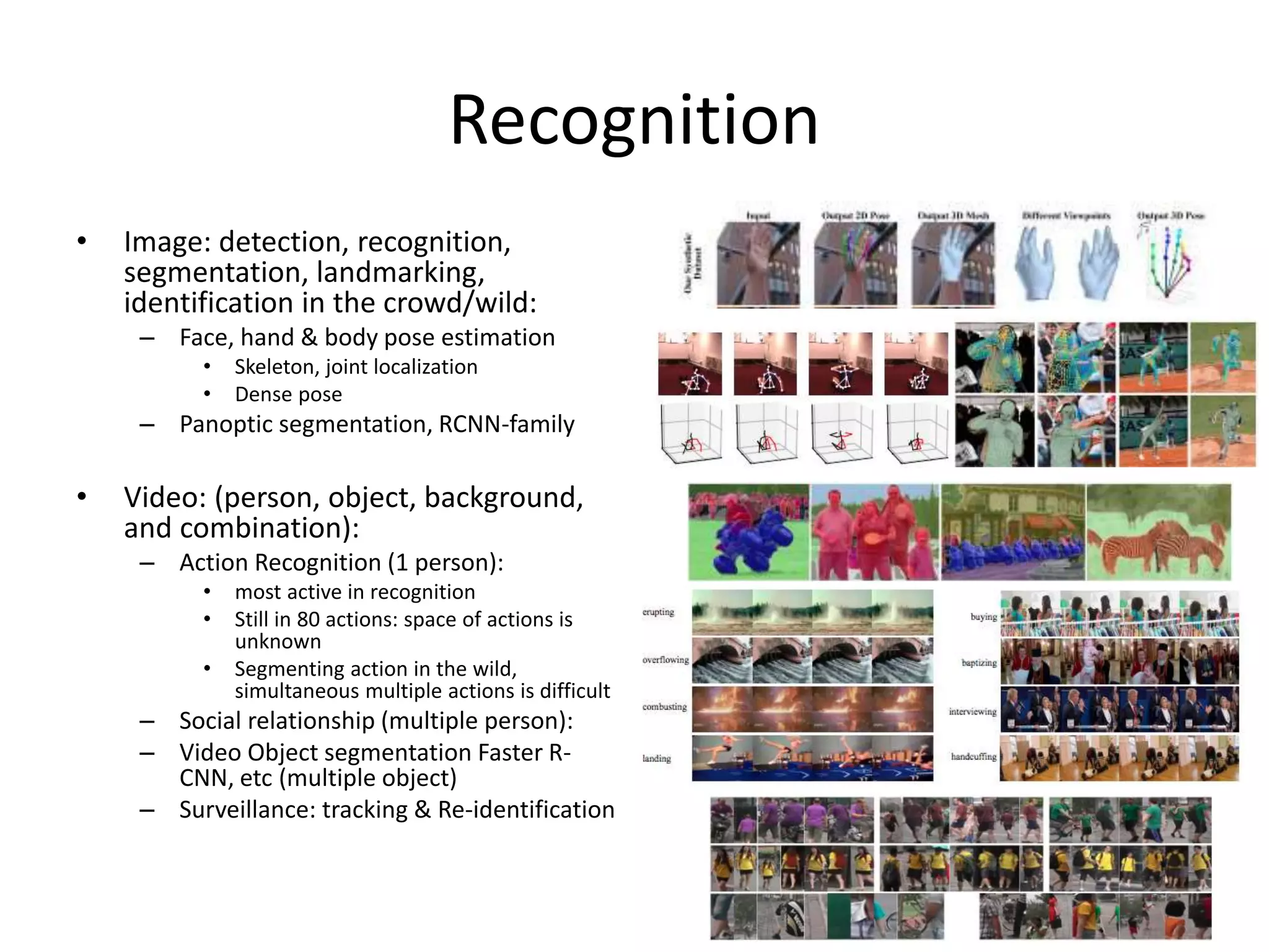 Recognition
• Image: detection, recognition,
segmentation, landmarking,
identification in the crowd/wild:
– Face, hand & body pose estimation
• Skeleton, joint localization
• Dense pose
– Panoptic segmentation, RCNN-family
• Video: (person, object, background,
and combination):
– Action Recognition (1 person):
• most active in recognition
• Still in 80 actions: space of actions is
unknown
• Segmenting action in the wild,
simultaneous multiple actions is difficult
– Social relationship (multiple person):
– Video Object segmentation Faster R-
CNN, etc (multiple object)
– Surveillance: tracking & Re-identification
 