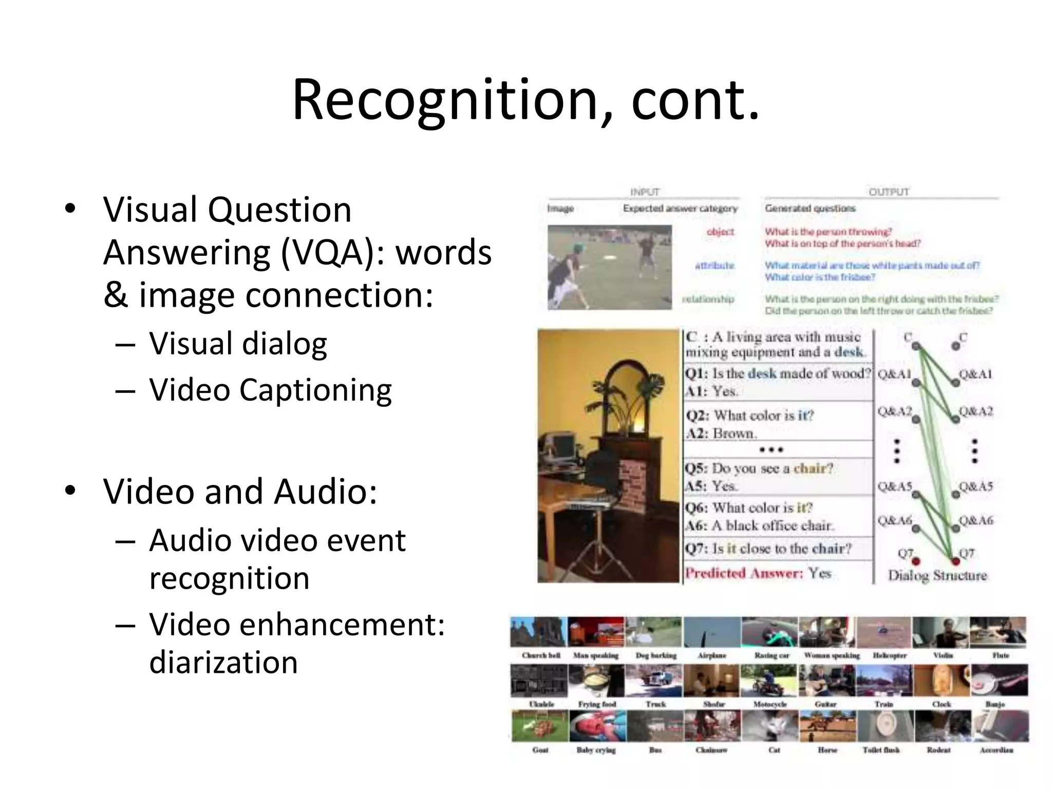 Recognition, cont.
• Visual Question
Answering (VQA): words
& image connection:
– Visual dialog
– Video Captioning
• Video and Audio:
– Audio video event
recognition
– Video enhancement:
diarization
 
