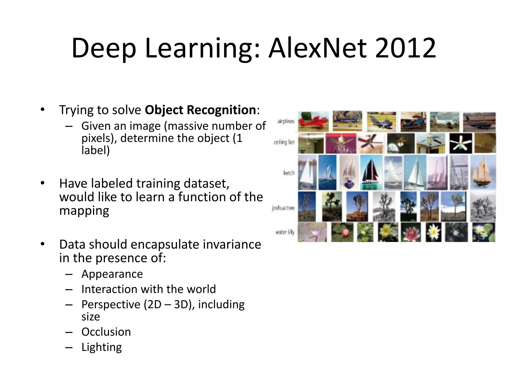 Deep Learning: AlexNet 2012
• Trying to solve Object Recognition:
– Given an image (massive number of
pixels), determine the object (1
label)
• Have labeled training dataset,
would like to learn a function of the
mapping
• Data should encapsulate invariance
in the presence of:
– Appearance
– Interaction with the world
– Perspective (2D – 3D), including
size
– Occlusion
– Lighting
 